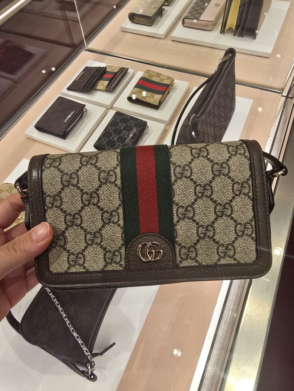 Gucci GG Canvas Crossbody with Green and Red Web Stripe